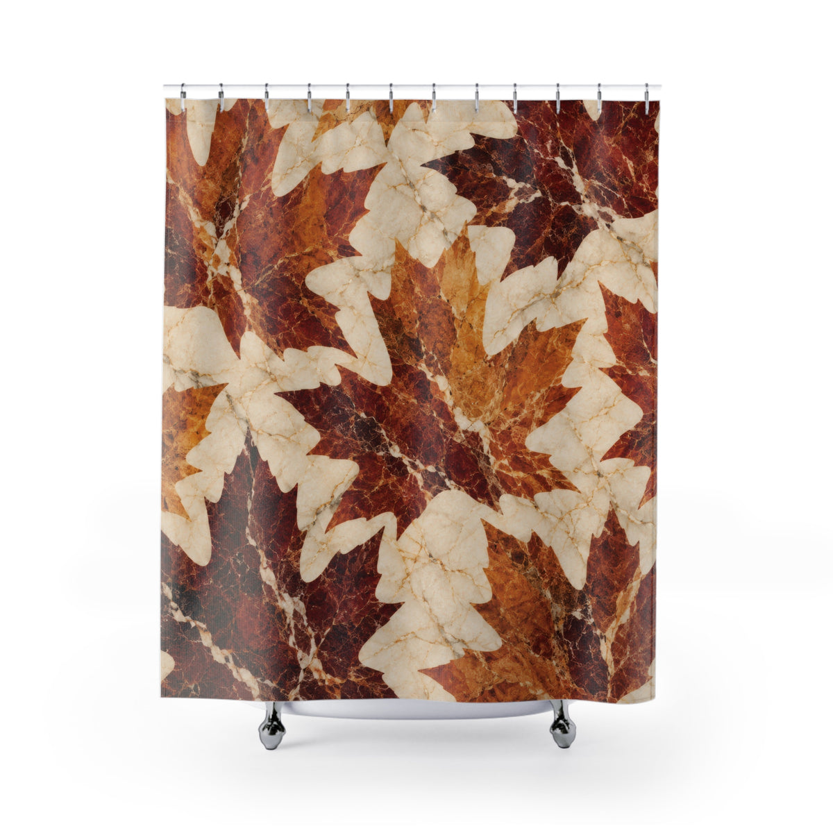 Rust and burgundy marble maple leaves on ivory shower curtain with full front view
