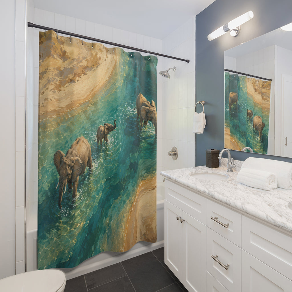 Elephant family in turquoise water shower curtain beside a white vanity