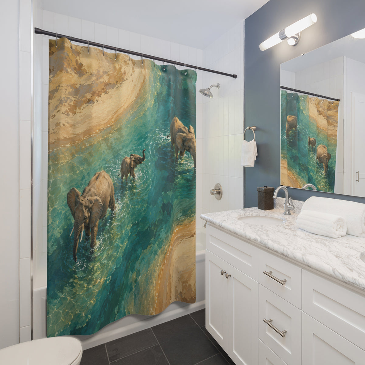 Elephant family in turquoise water shower curtain beside a white vanity