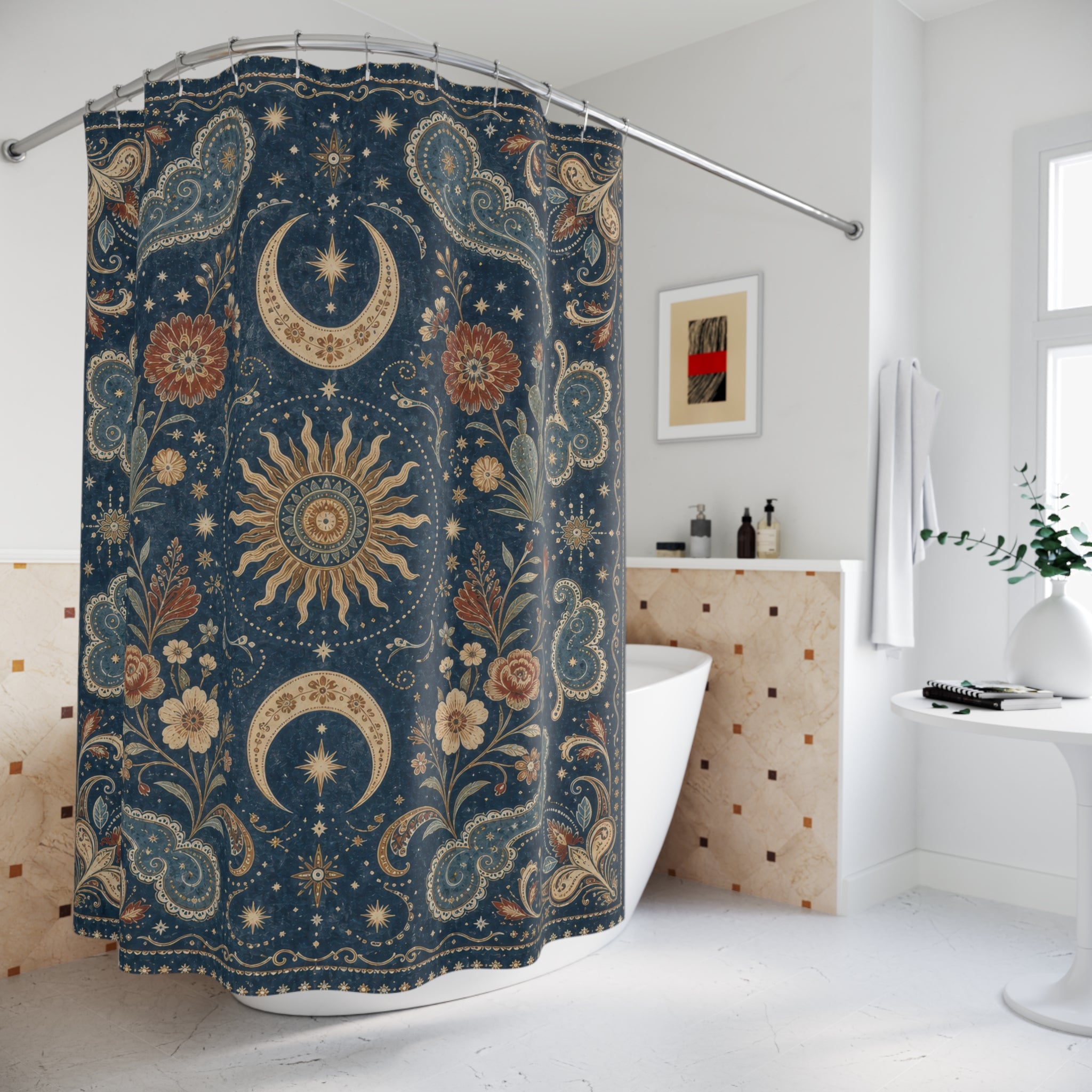 Blue Gold Celestial Paisley Shower Curtain