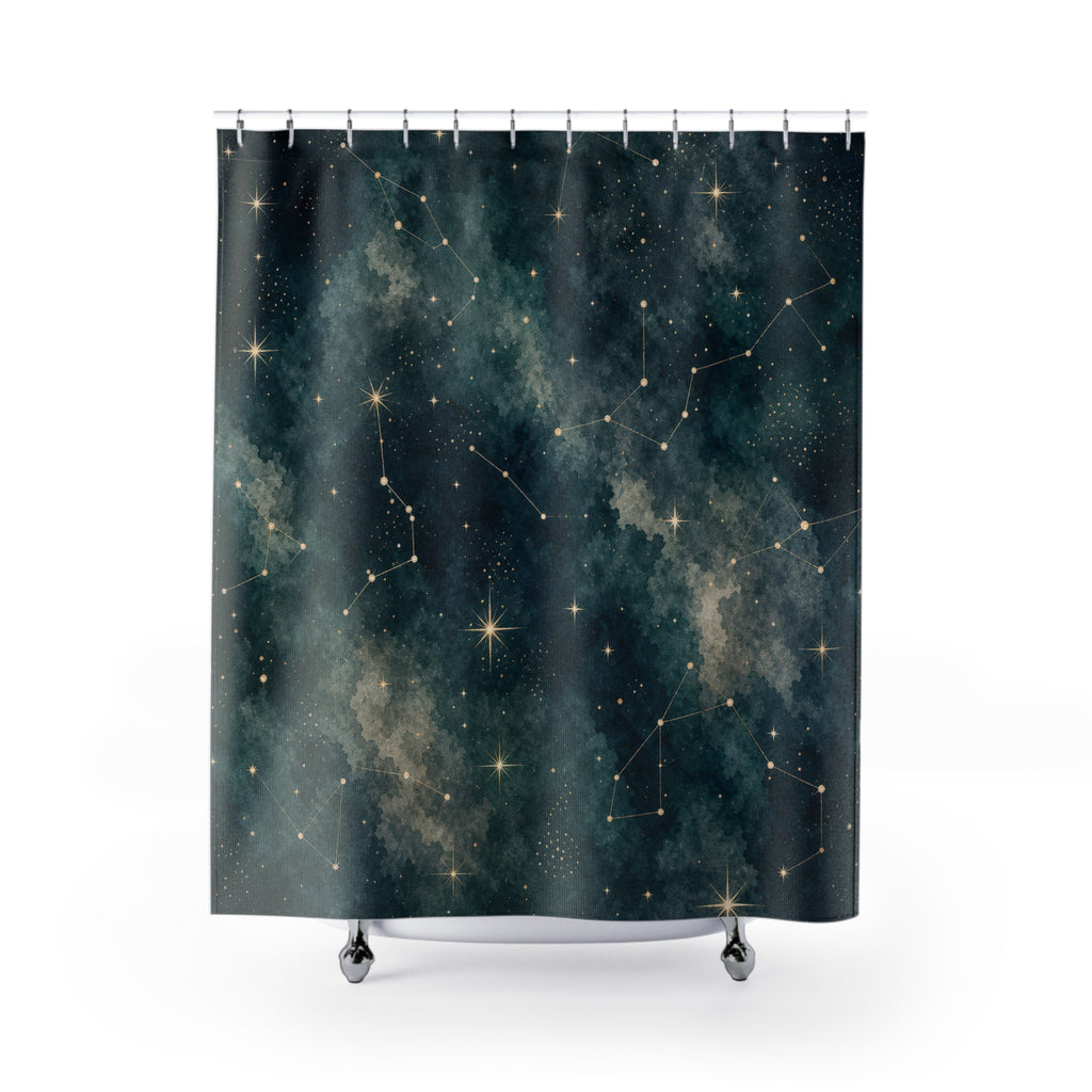 Constellation Shower Curtain, Dark Teal Starry Night Sky Pattern, Celestial Bathroom Decor, Astrology Guest Bath Mystical Style