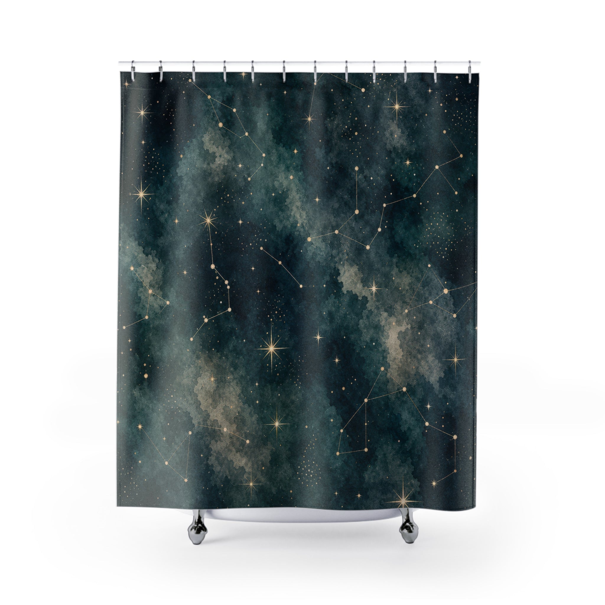 Constellation Shower Curtain, Dark Teal Starry Night Sky Pattern, Celestial Bathroom Decor, Astrology Guest Bath Mystical Style
