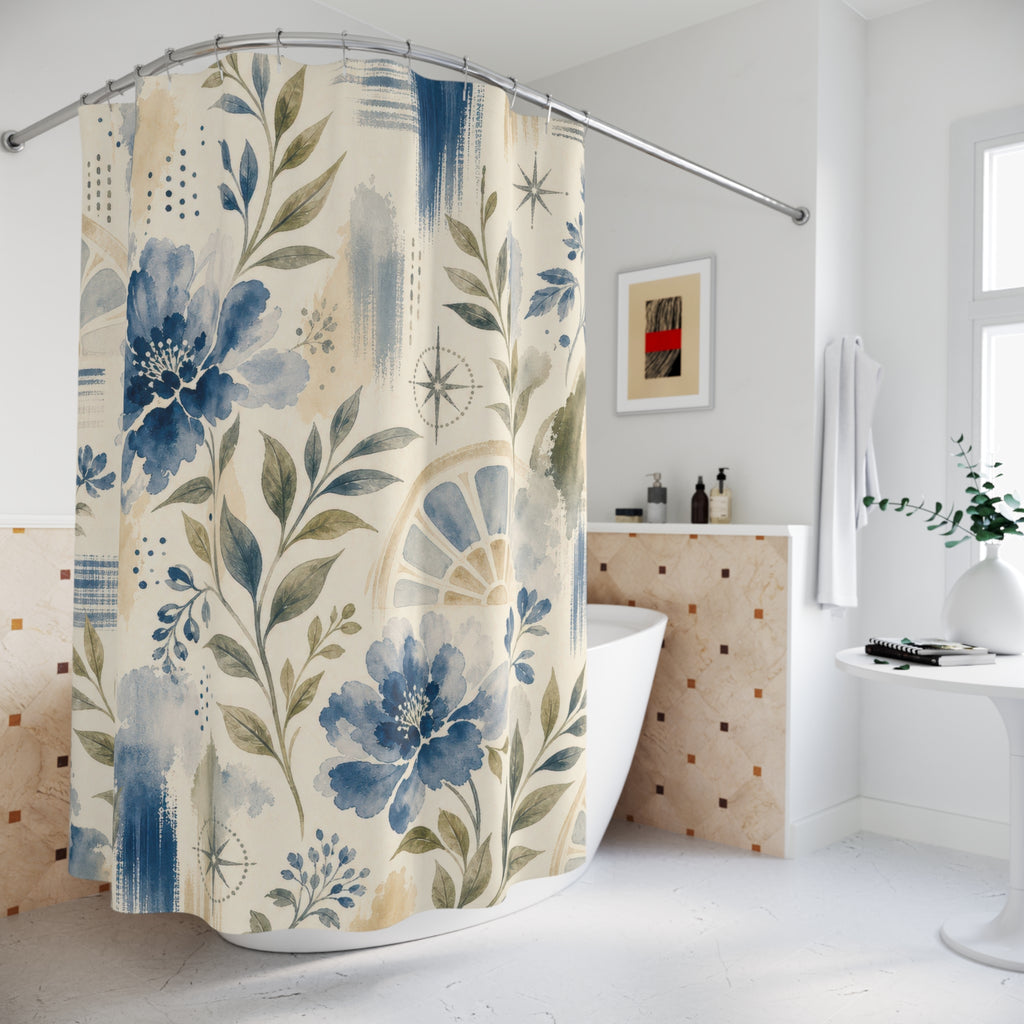 Colonial White Blue Floral Botanical Cottage Cottagecore Beige Shower Curtain