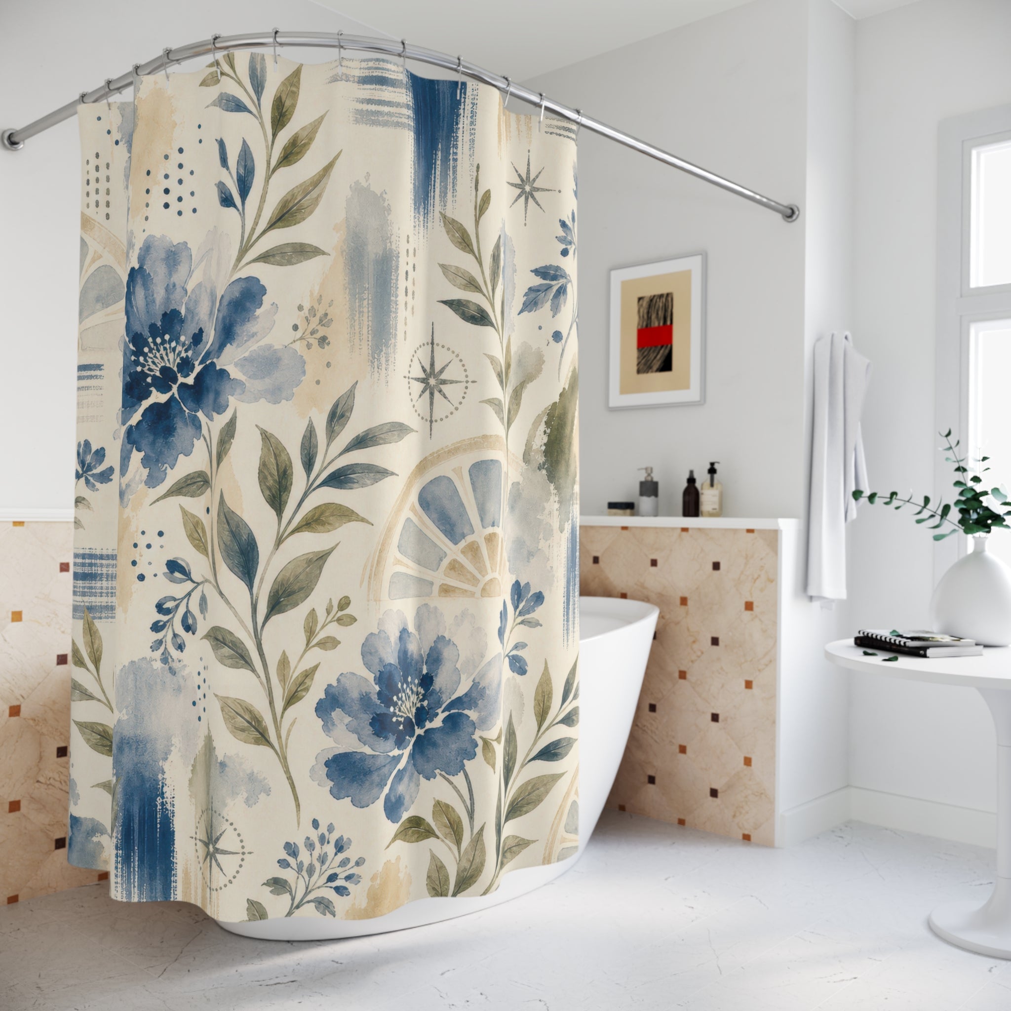 Colonial White Blue Floral Botanical Cottage Cottagecore Beige Shower Curtain
