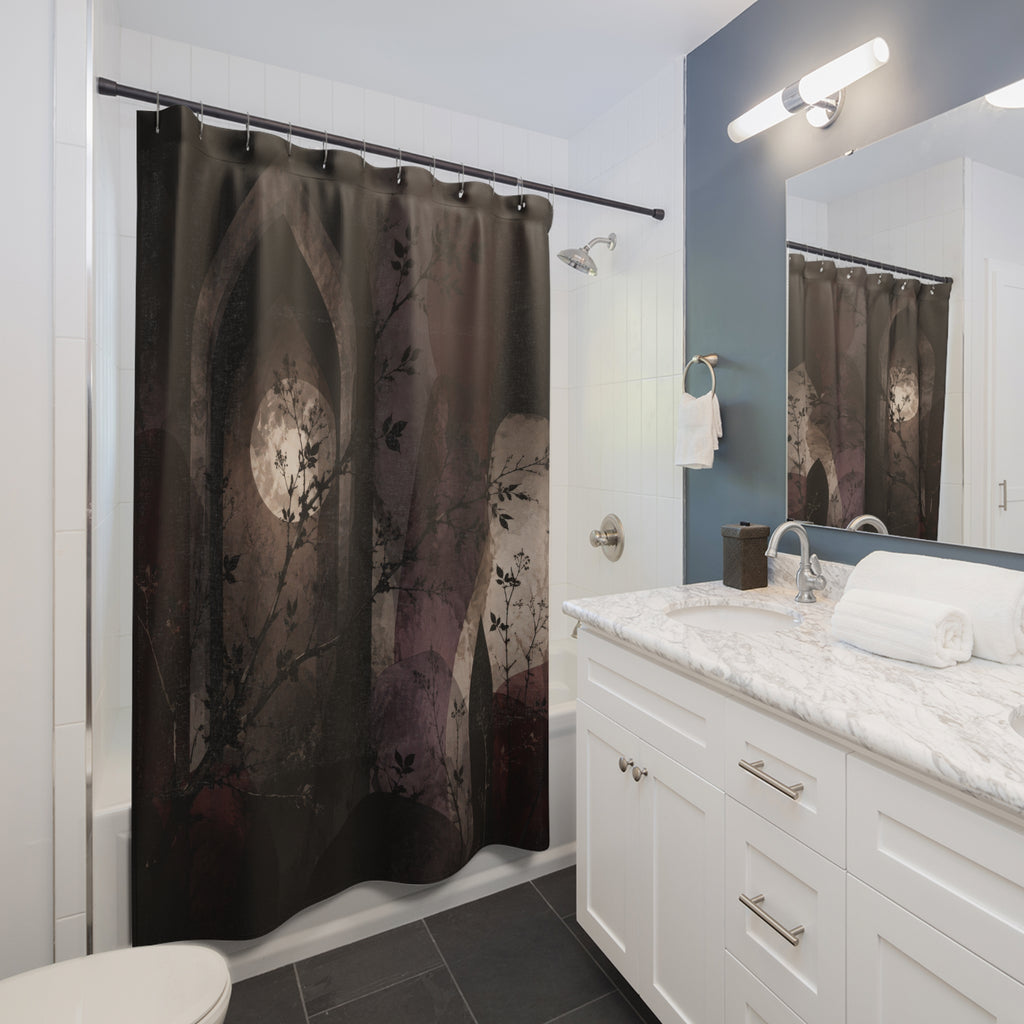 Blackthorn branches crossing oxblood and mauve pointed arches shower curtain beside a white vanity