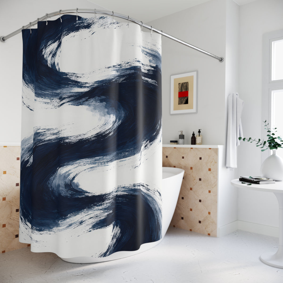 Sweeping navy brushstrokes and pale blue washes on white shower curtain beside a freestanding tub
