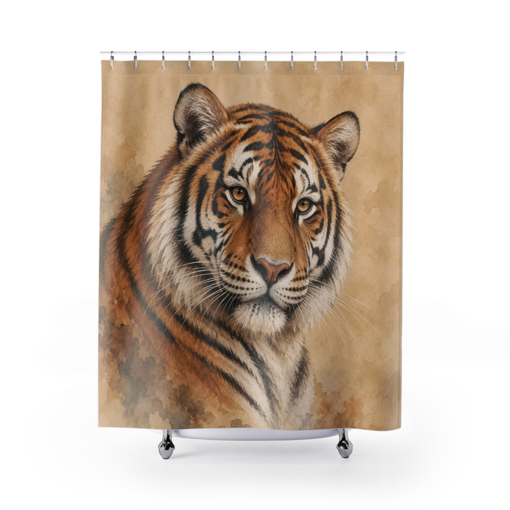 Orange and black tiger portrait on beige watercolor shower curtain with full front view