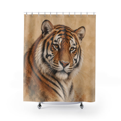 Orange and black tiger portrait on beige watercolor shower curtain with full front view