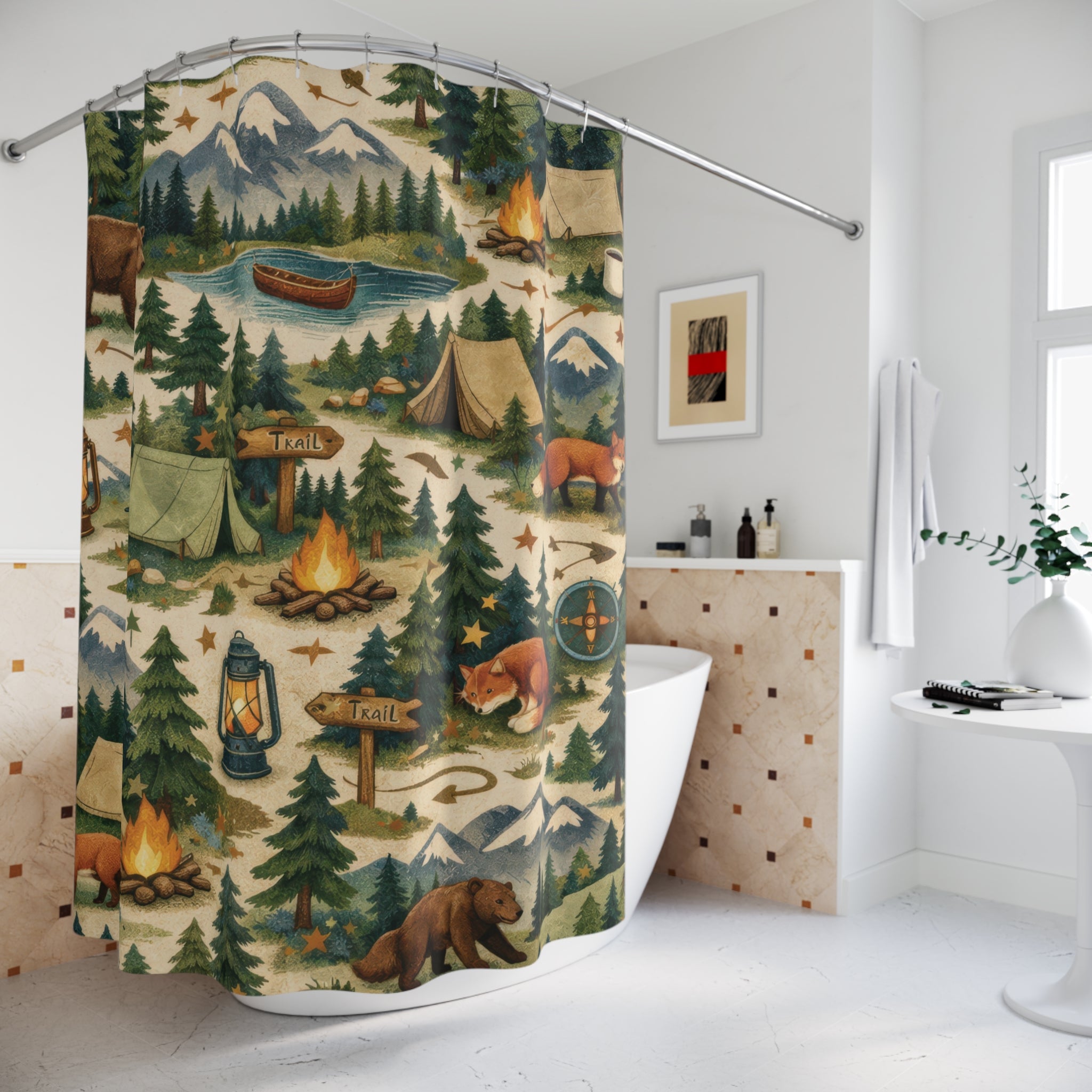 Kids Forest Shower Curtain – Green Woodland Camping
