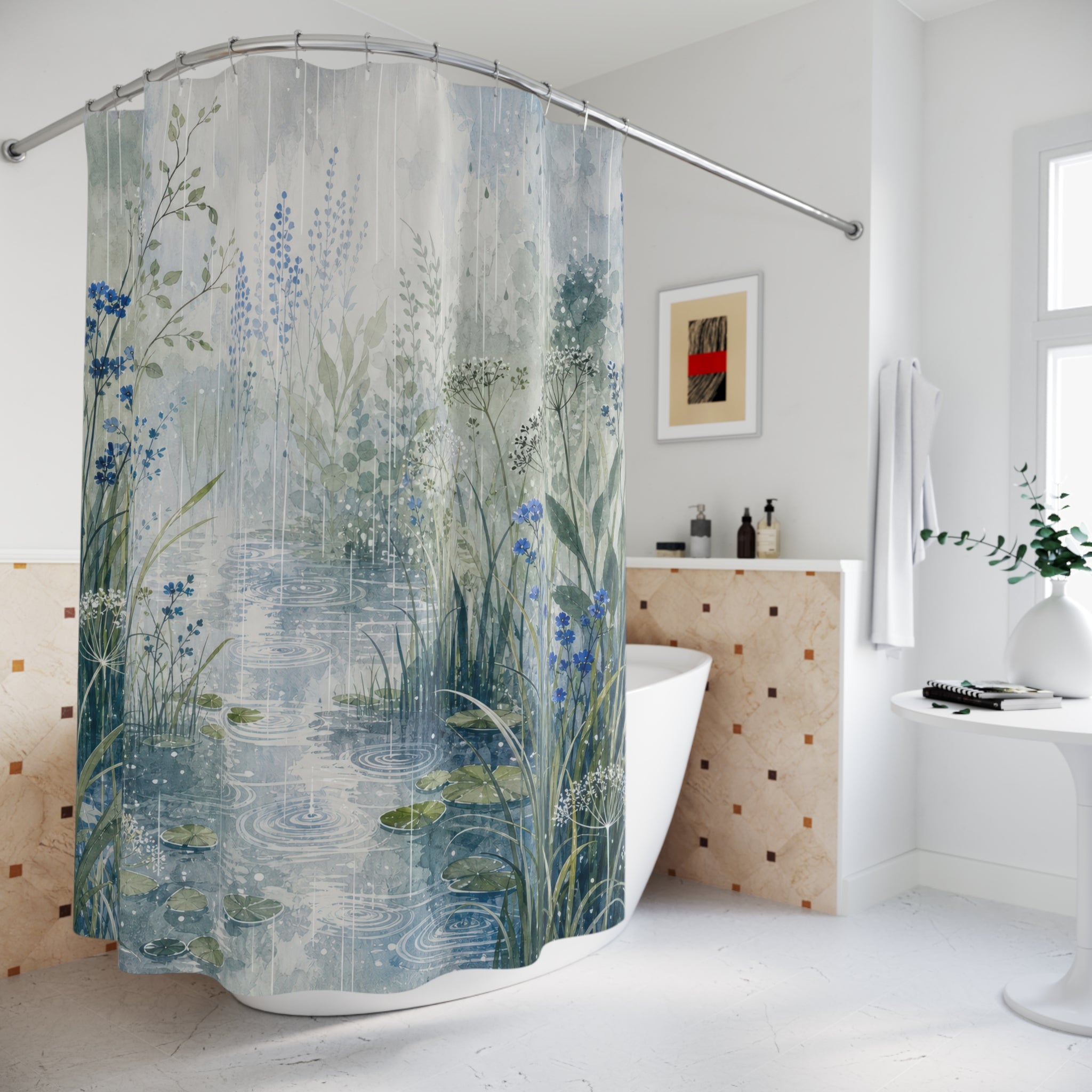 Blue Pond Reed Watercolor Shower Curtain