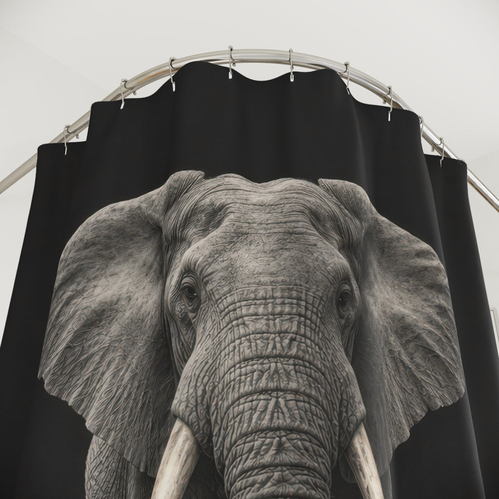 Gray elephant on charcoal shower curtain with close-up print, hooks, and folds