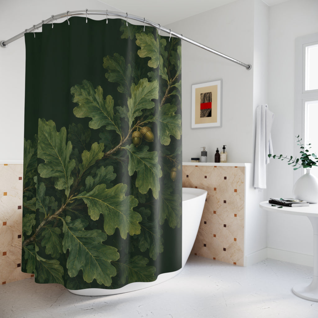 Oak leaves and acorns on forest green shower curtain beside a freestanding tub