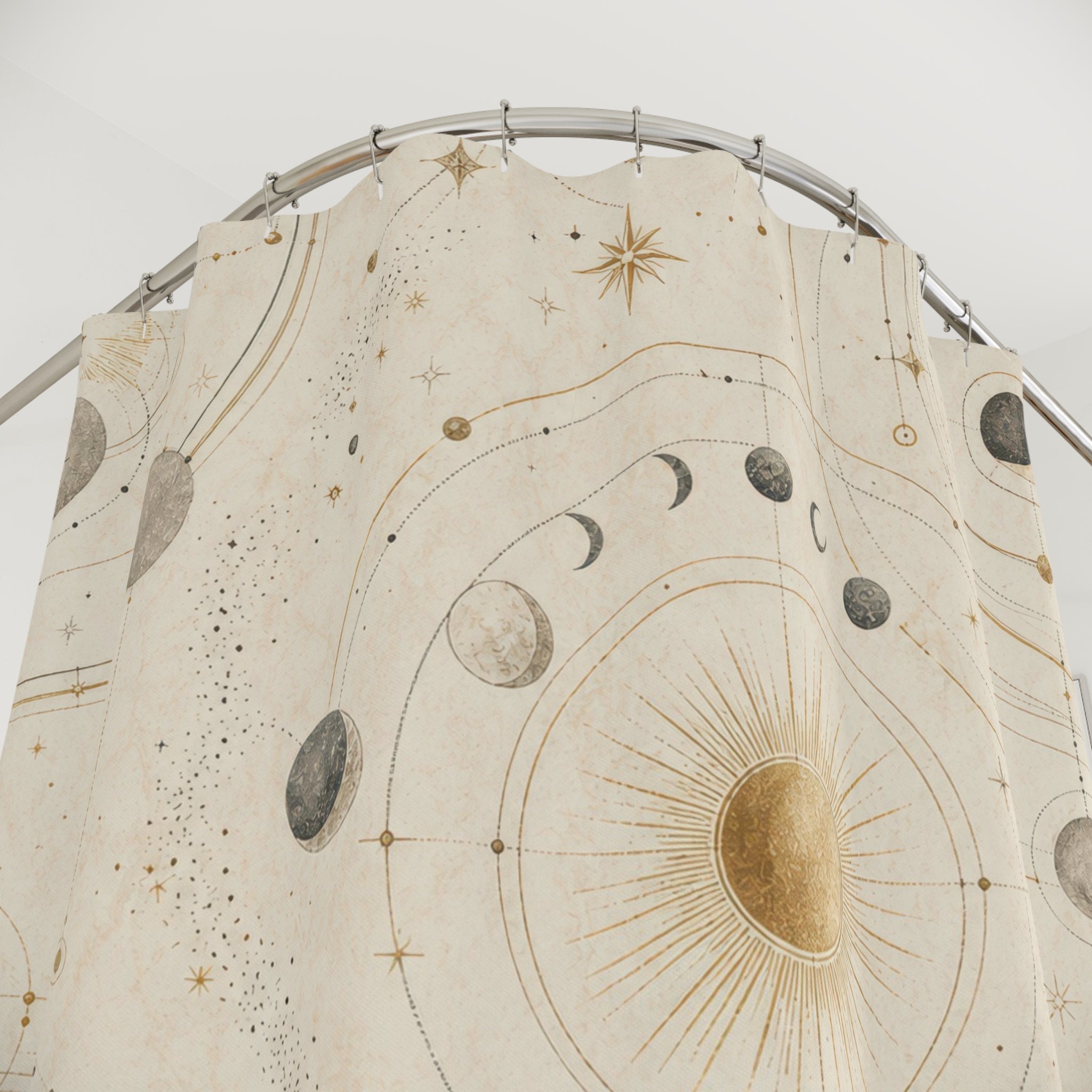 Astrology Shower Curtain, Cream Celestial Sun Moon Chart Pattern, Boho Bathroom Decor, Mystical Guest Bath Neutral Star Style