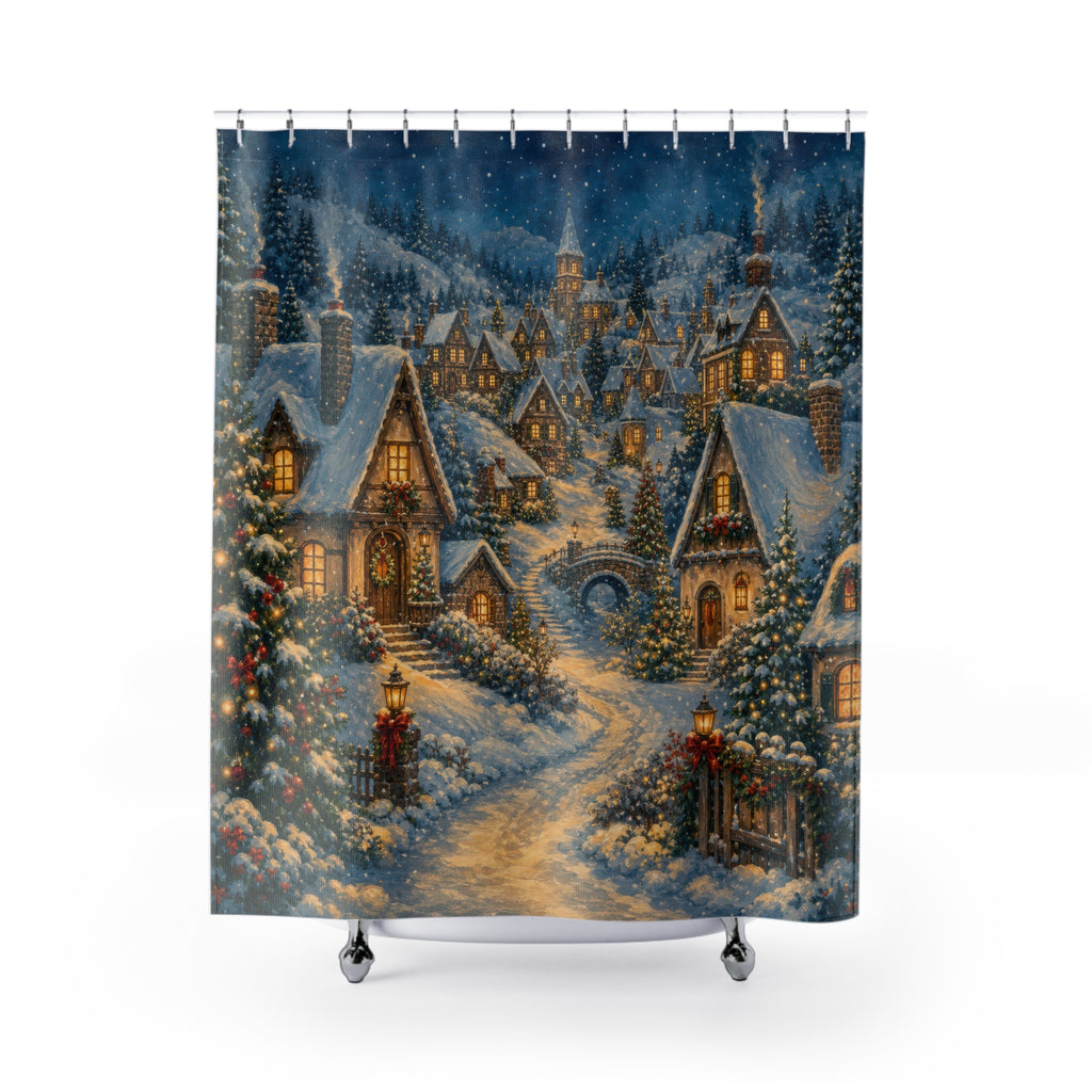 Snowy Blue Storybook Village Shower Curtain