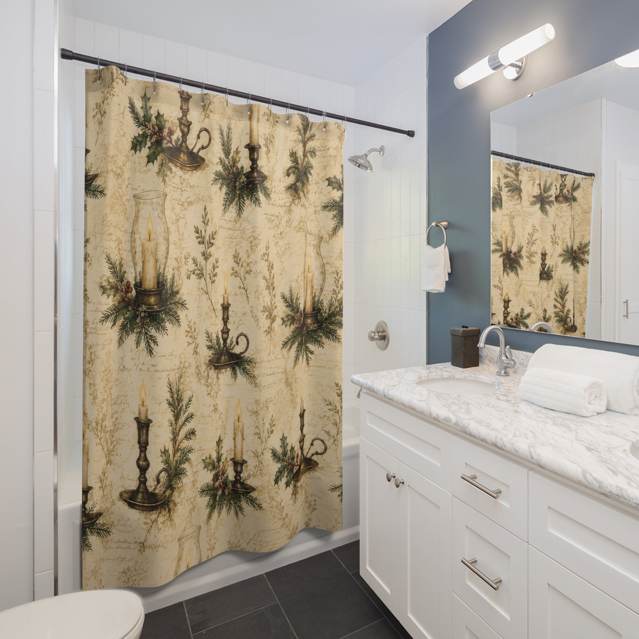 Vintage Christmas Shower Curtain: Antique Candle Botanical
