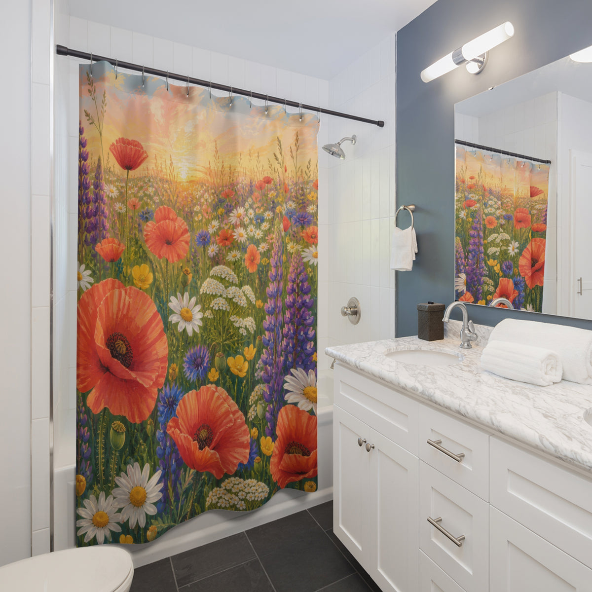 Sunset wild flower meadow with poppies lupines and daisies shower curtain beside a white vanity