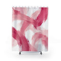Sweeping rose and blush brushstrokes across white shower curtain with full front view