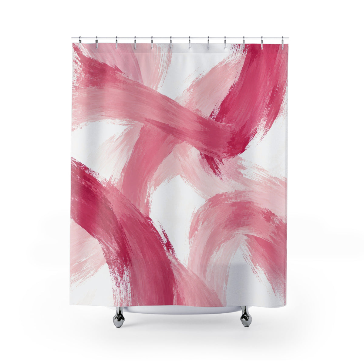 Sweeping rose and blush brushstrokes across white shower curtain with full front view