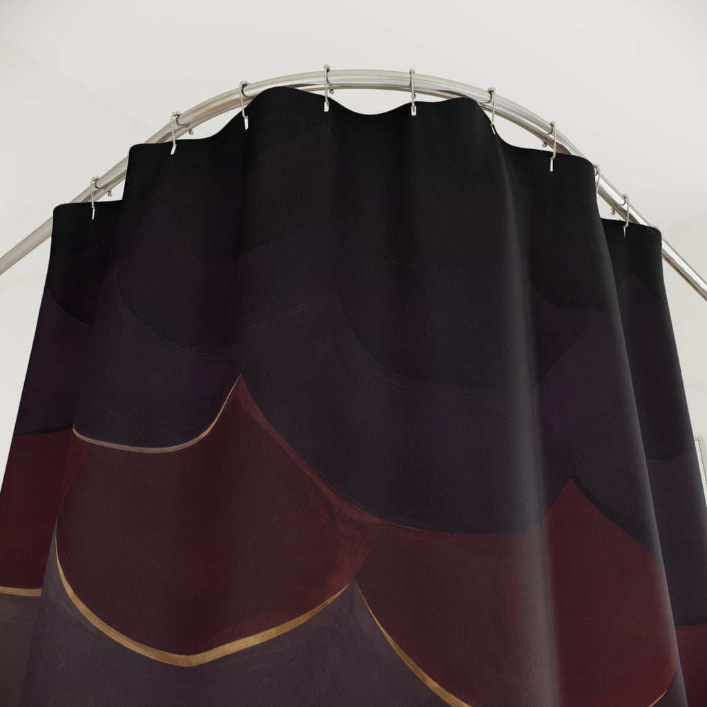 Aubergine and black cherry scallop bands with old gold accents shower curtain with close-up print, hooks, and folds