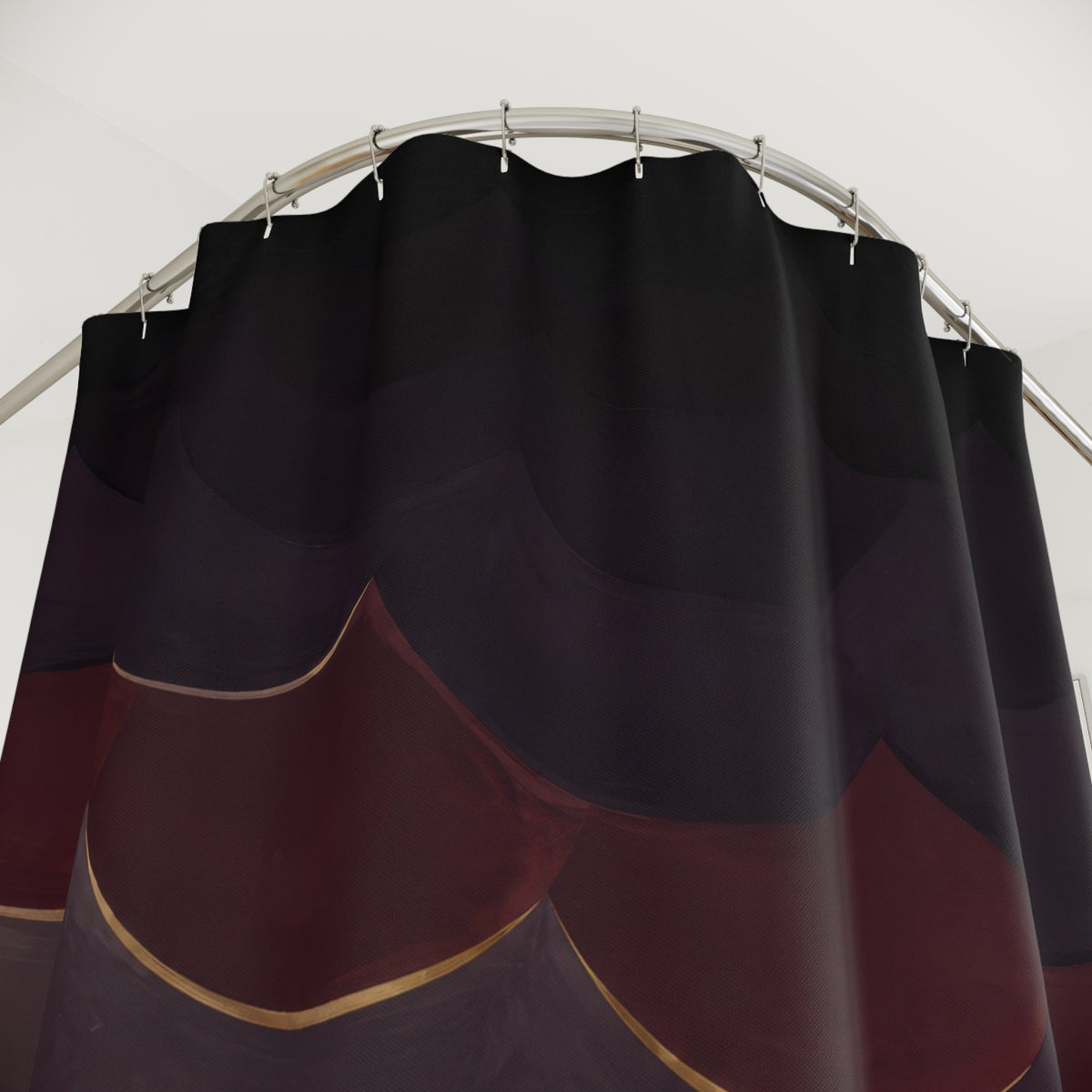 Aubergine and black cherry scallop bands with old gold accents shower curtain with close-up print, hooks, and folds