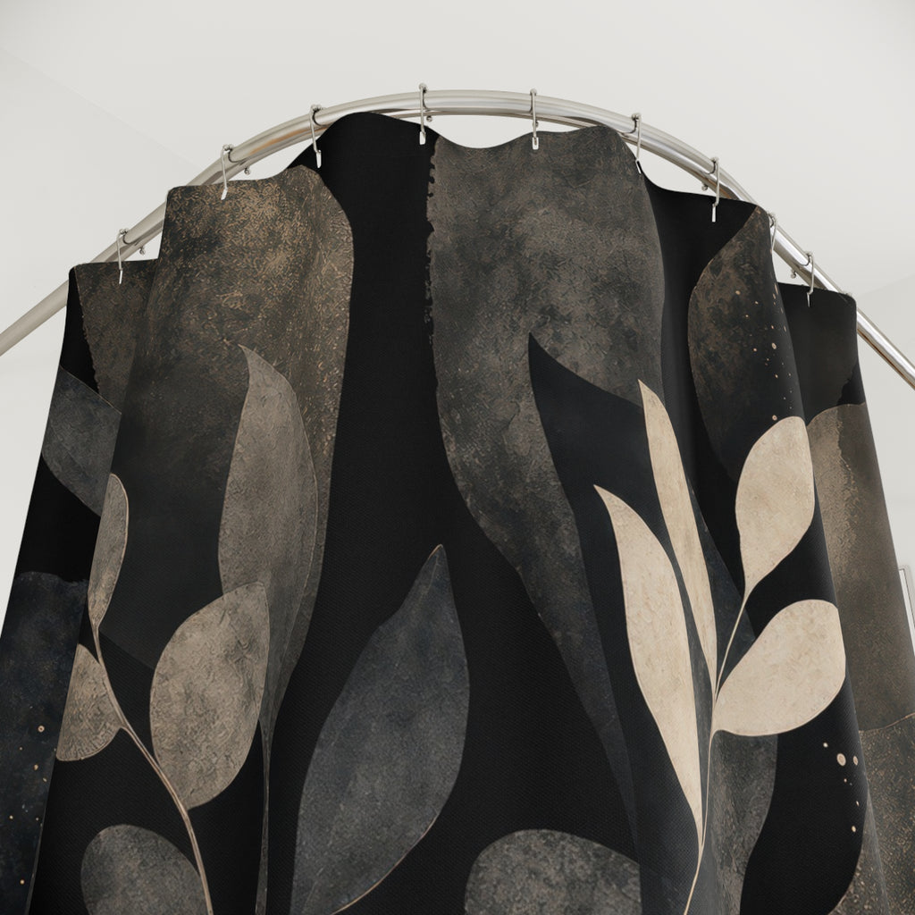 Black Botanical Shower Curtain, Charcoal Leaf Bath Decor, Cream Gray Painted Branch Pattern, Moody Floral Bathroom Decor, Modern Garden