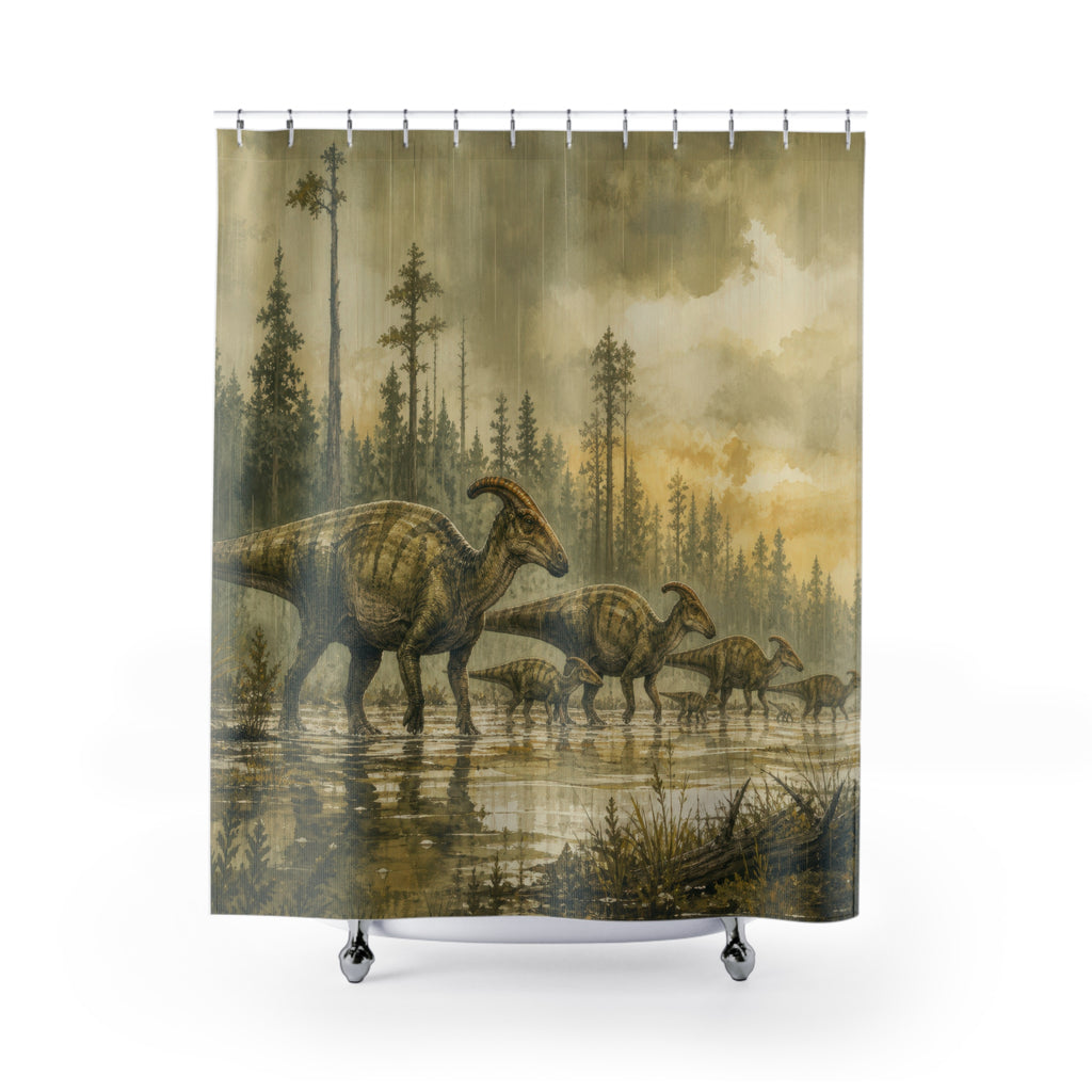 Hadrosaur herd crossing a misty forest marsh shower curtain, full front view