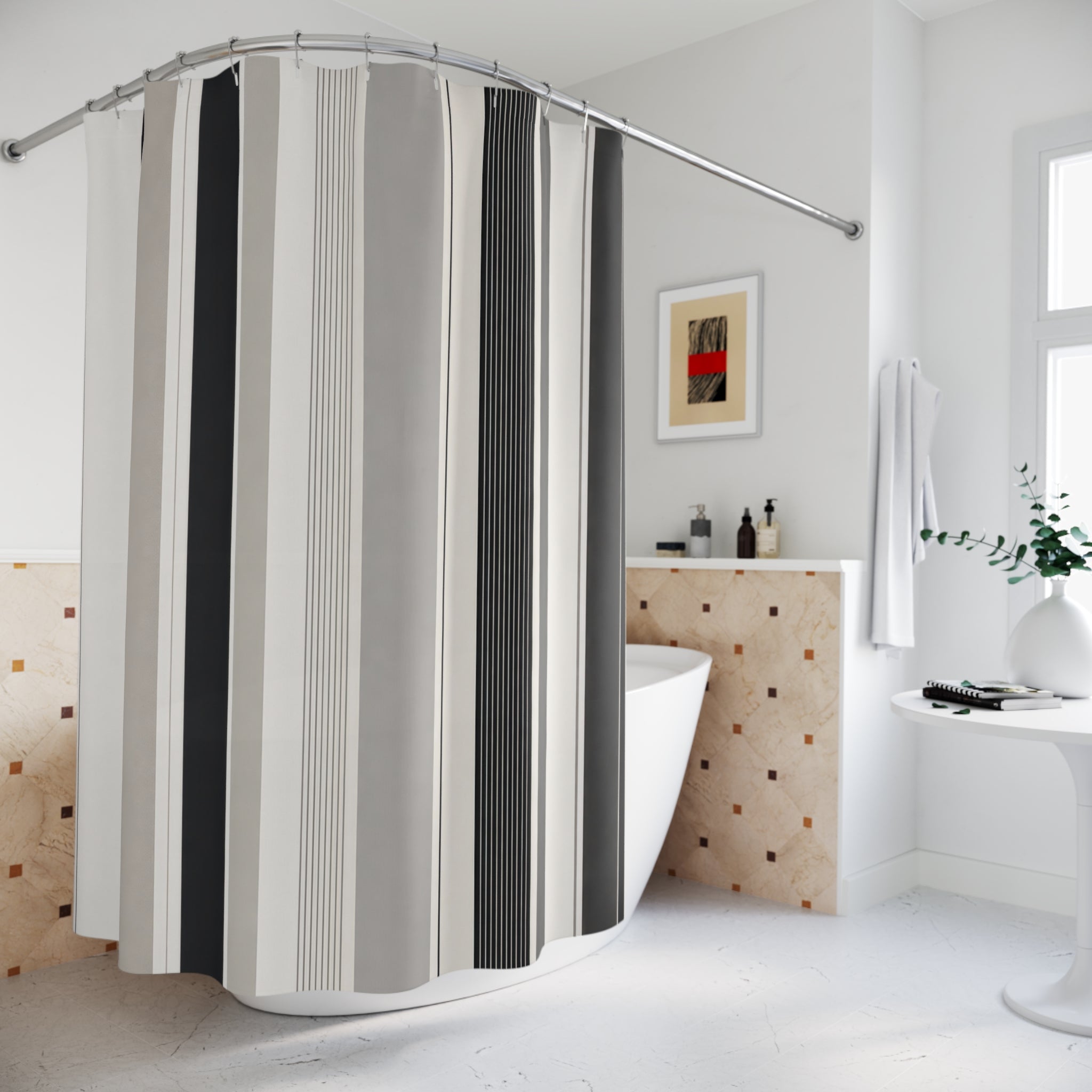 Gray White Minimal Pinstripe Shower Curtain