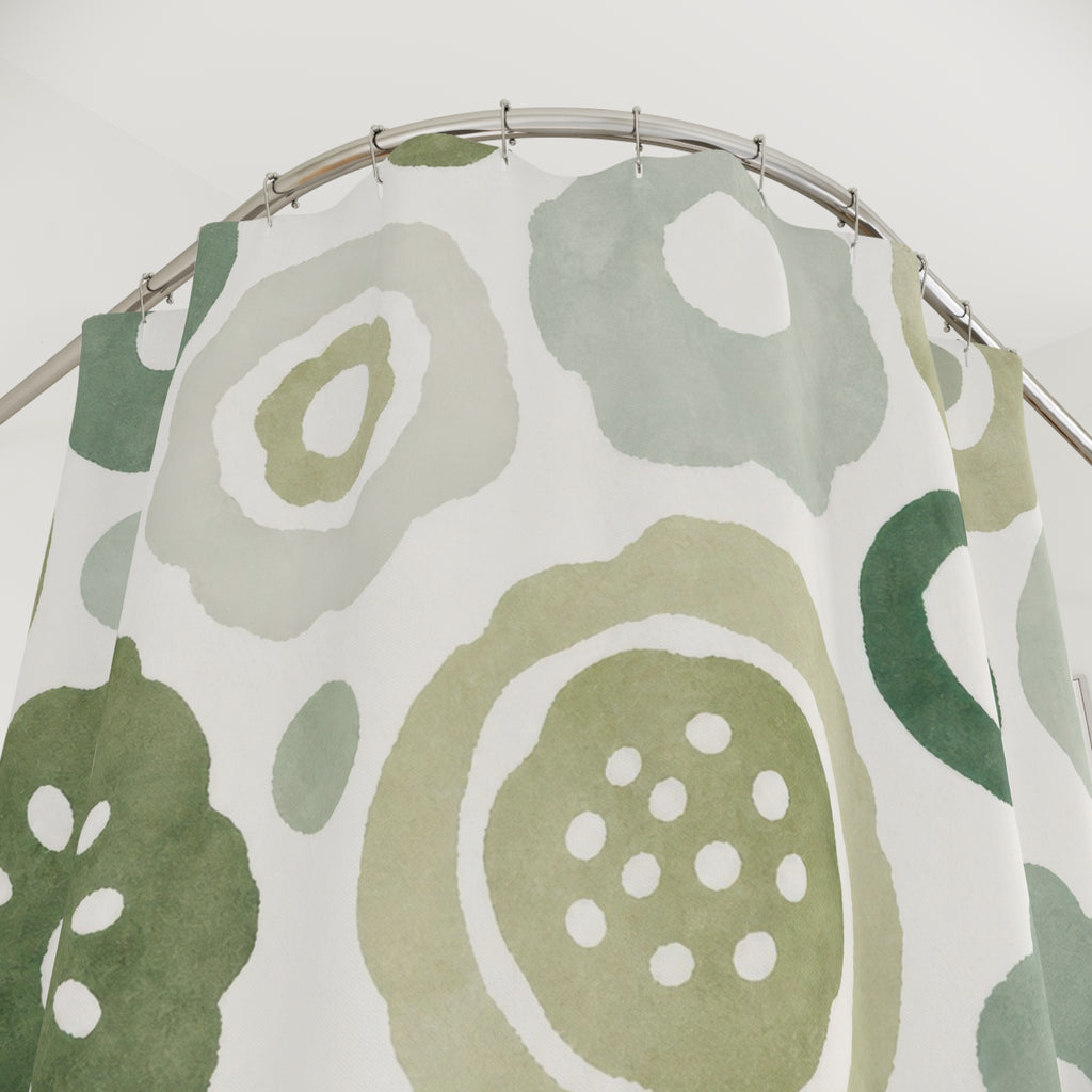 Green Floral Shower Curtain, White Retro Bath Decor, Circle Flower Pattern, Sage Botanical Guest Bathroom Decor, Fresh Garden Style Decor