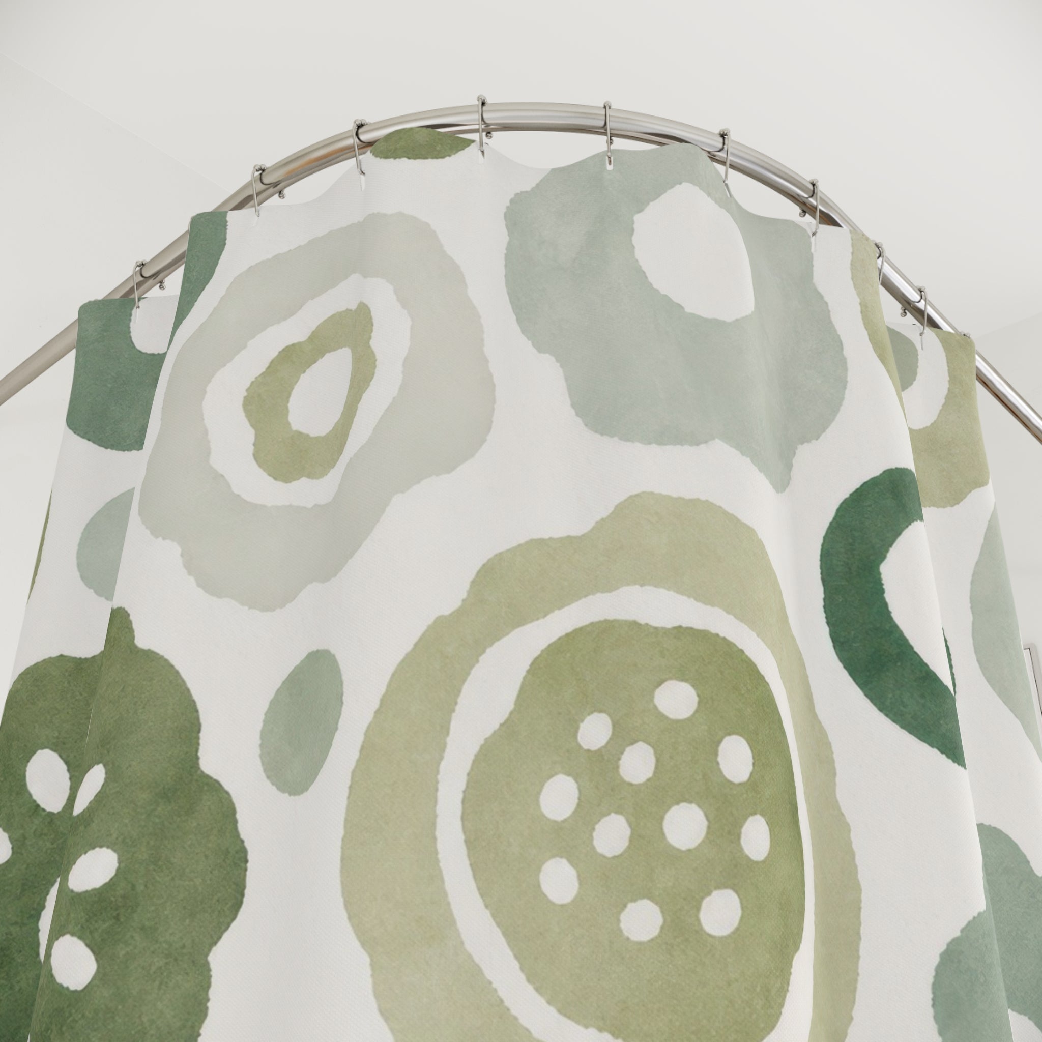 Green Floral Shower Curtain, White Retro Bath Decor, Circle Flower Pattern, Sage Botanical Guest Bathroom Decor, Fresh Garden Style Decor
