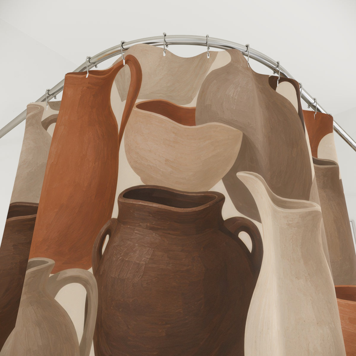 Terracotta and cream pottery shower curtain with close-up print, hooks, and folds