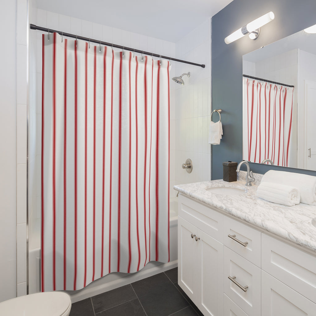 Red and White Ticking Stripe Shower Curtain