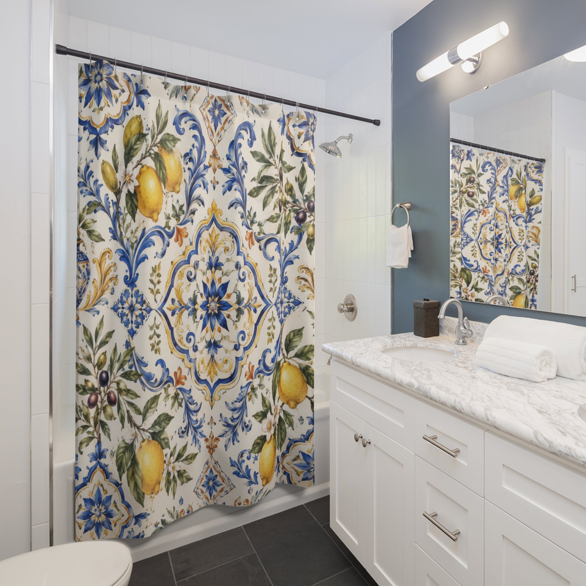 Italian Tile Shower Curtain: Blue Lemon Mediterranean