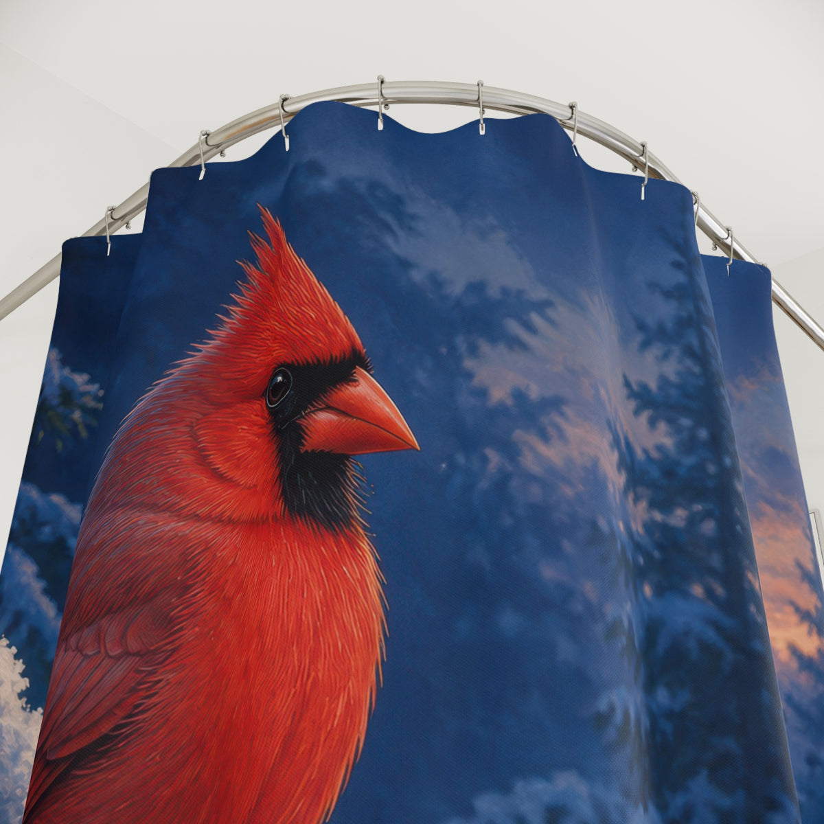Red cardinal on snowy evergreen shower curtain with close-up print, hooks, and folds