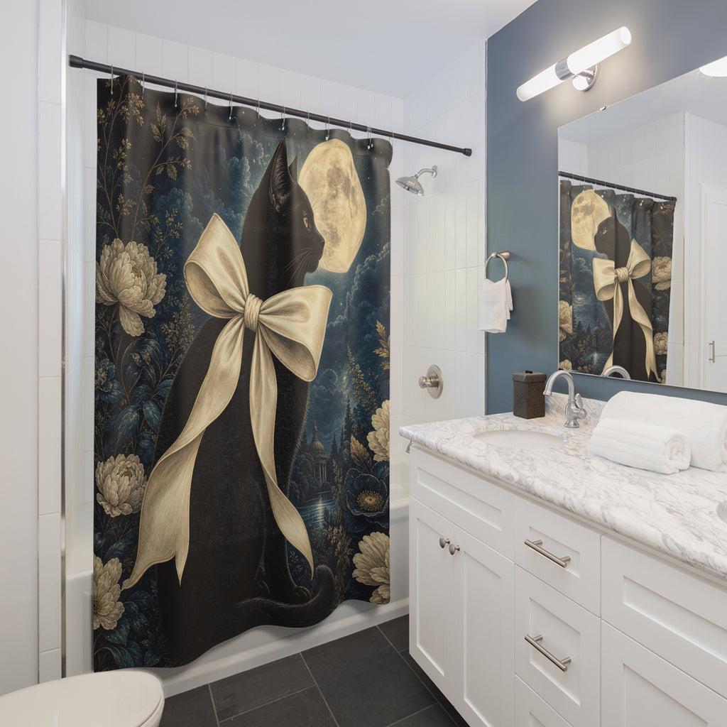 Moonlit Black Cat Bow Shower Curtain