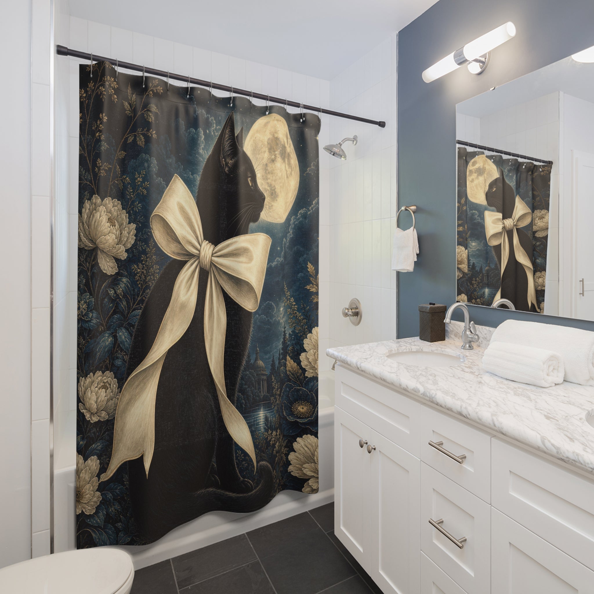 Moonlit Black Cat Bow Shower Curtain