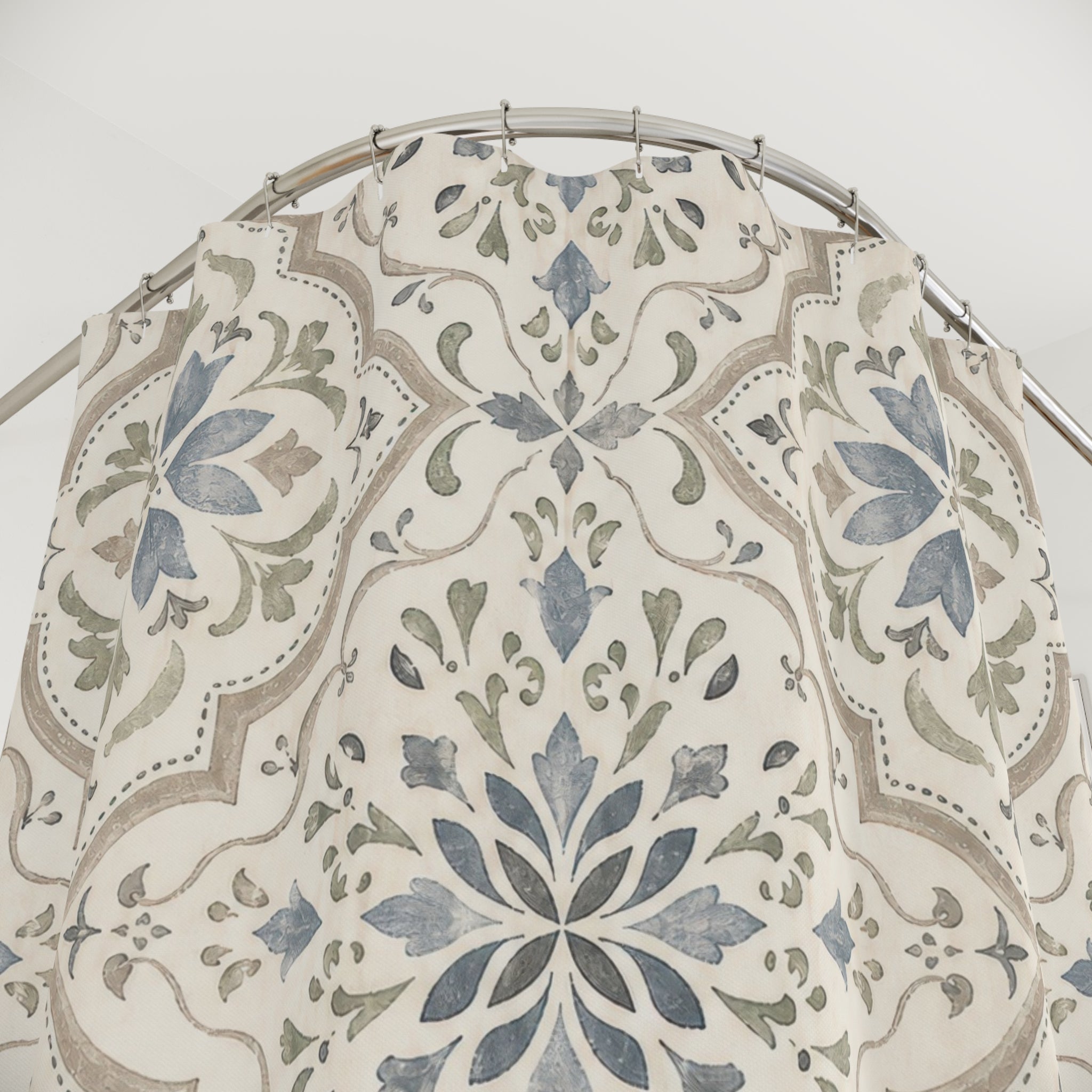 Blue Sage Moroccan Medallion Tile Geometric Farmhouse Beige Shower Curtain