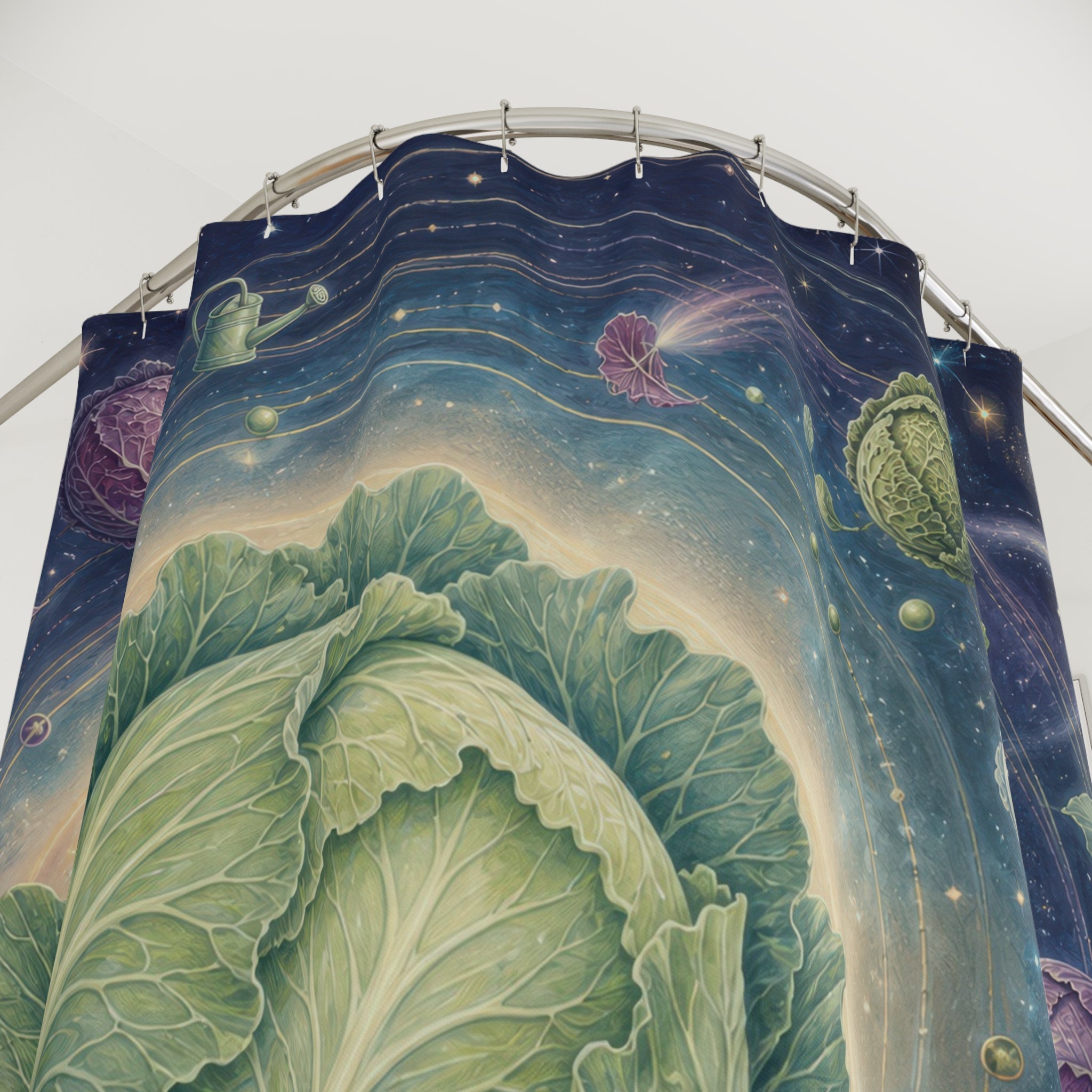 Whimsical cabbage planetarium with orbiting vegetables shower curtain with close-up print, hooks, and folds