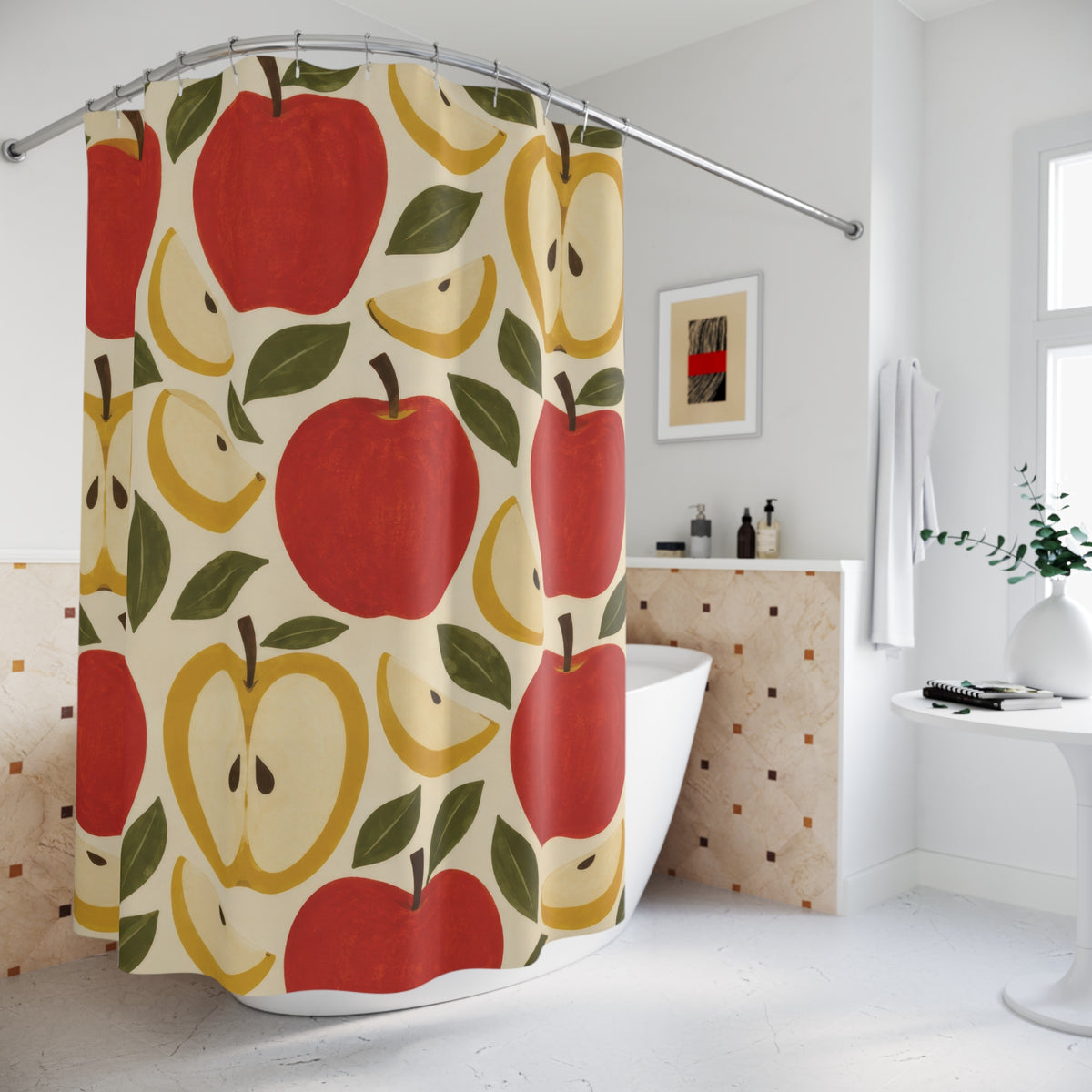 Red apples and yellow apple halves with olive leaves shower curtain beside a freestanding tub
