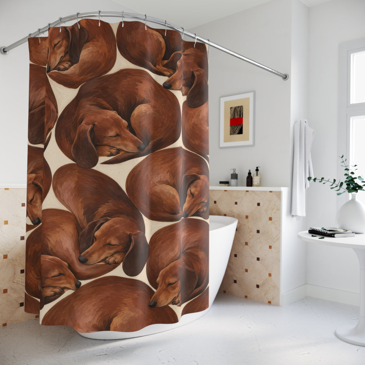 Curled chestnut sleeping dachshund shower curtain beside a freestanding tub