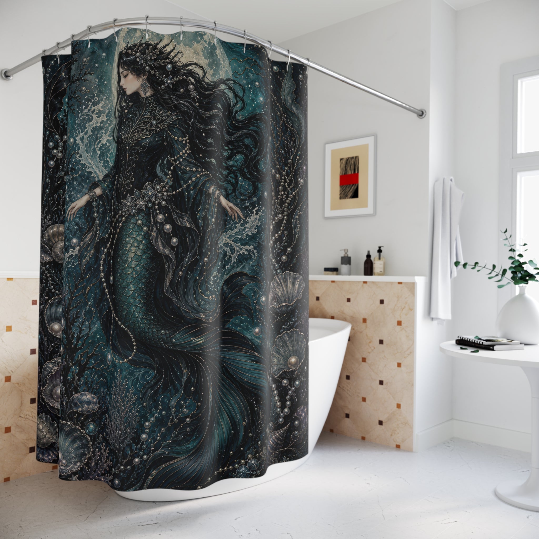 Black Mermaid Moon Ocean Shower Curtain