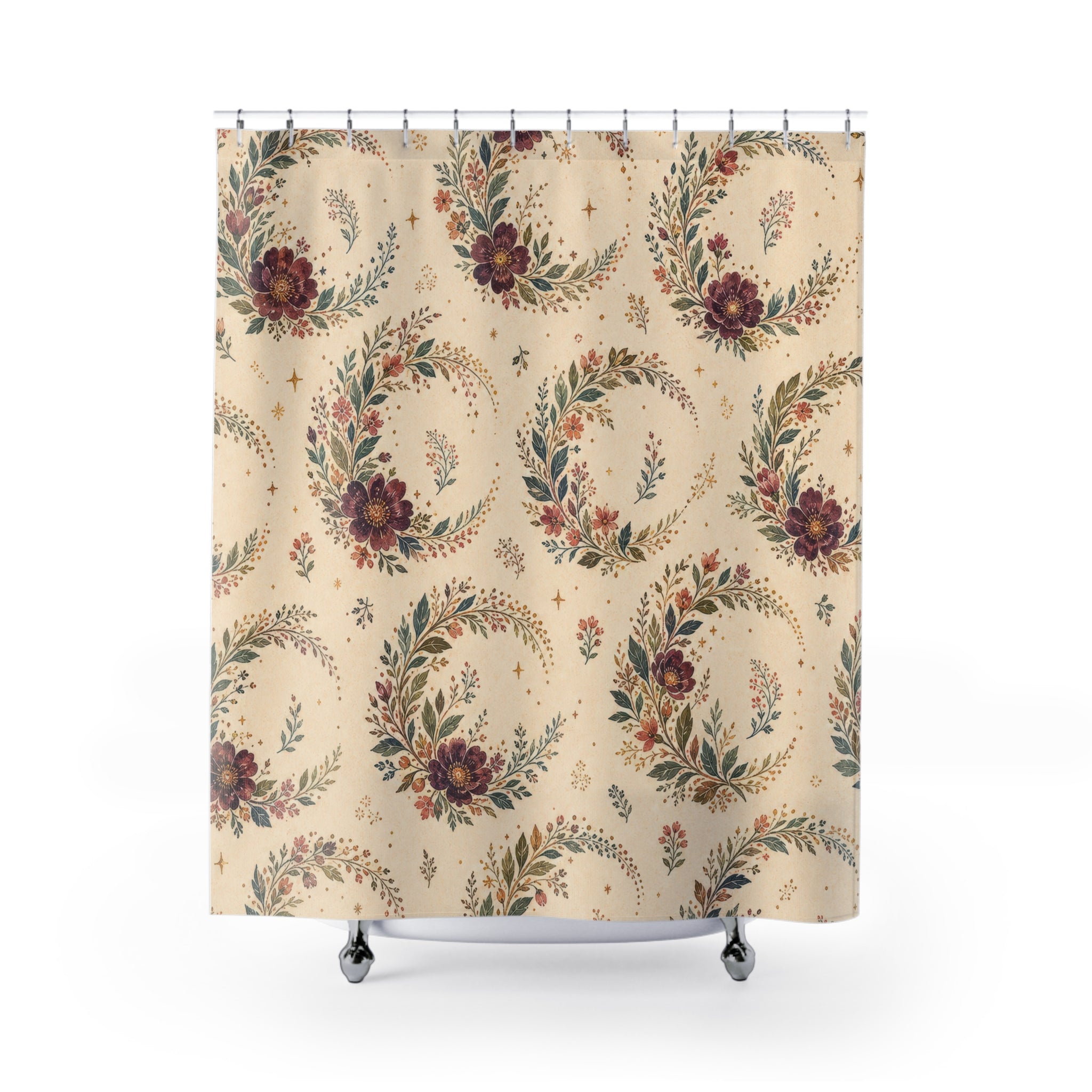 Cream Crescent Wreath Boho Floral Shower Curtain