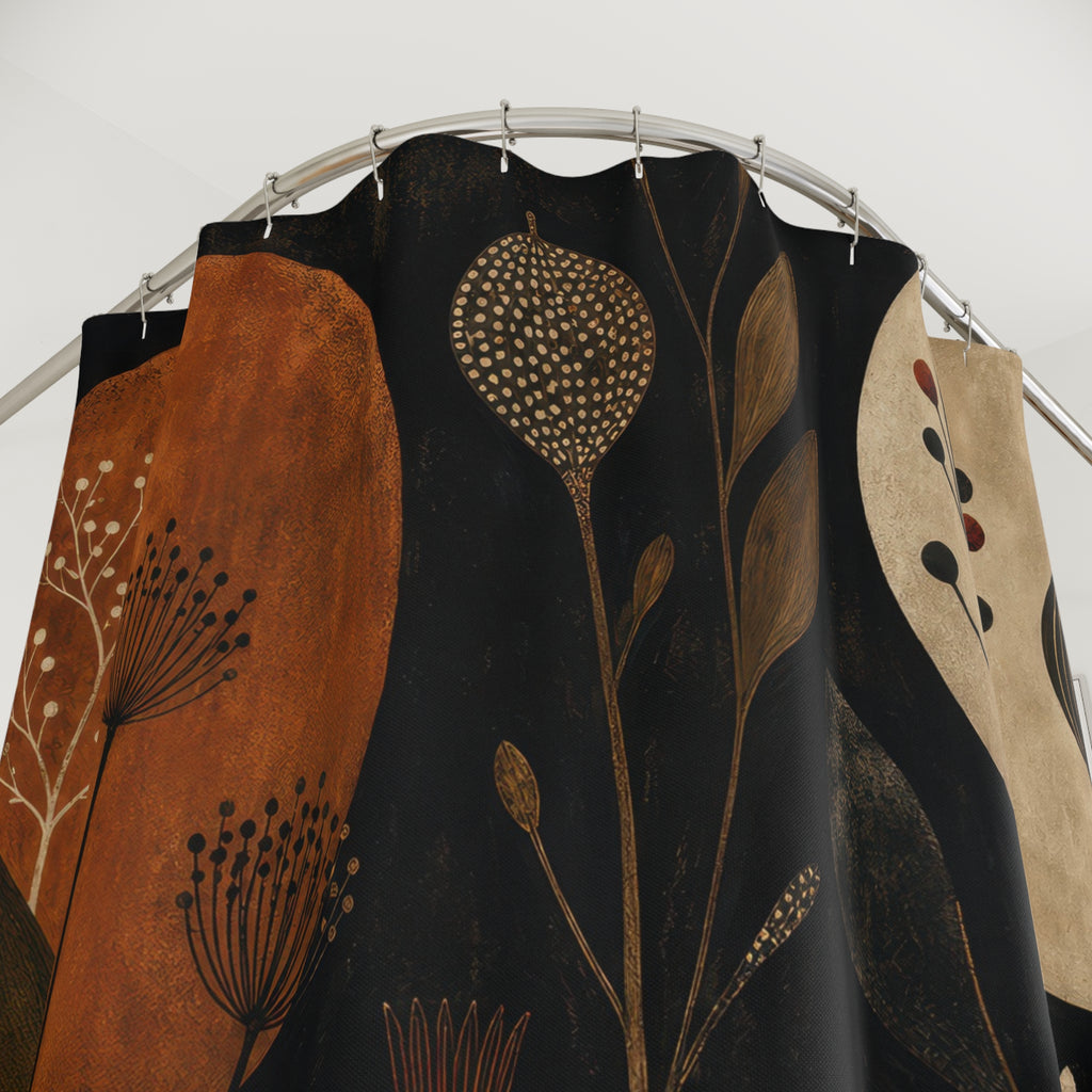 Rust Orange Moon Black Botanical Shower Curtain