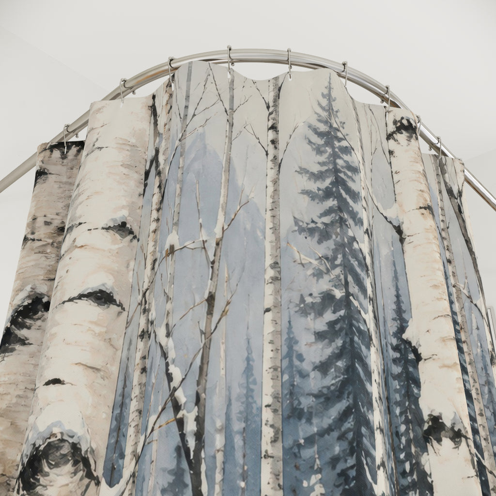 Winter woodland snowy birch grove pattern shower curtain with close-up print, hooks, and folds
