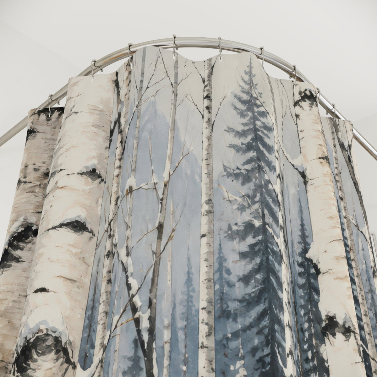 Winter woodland snowy birch grove pattern shower curtain with close-up print, hooks, and folds