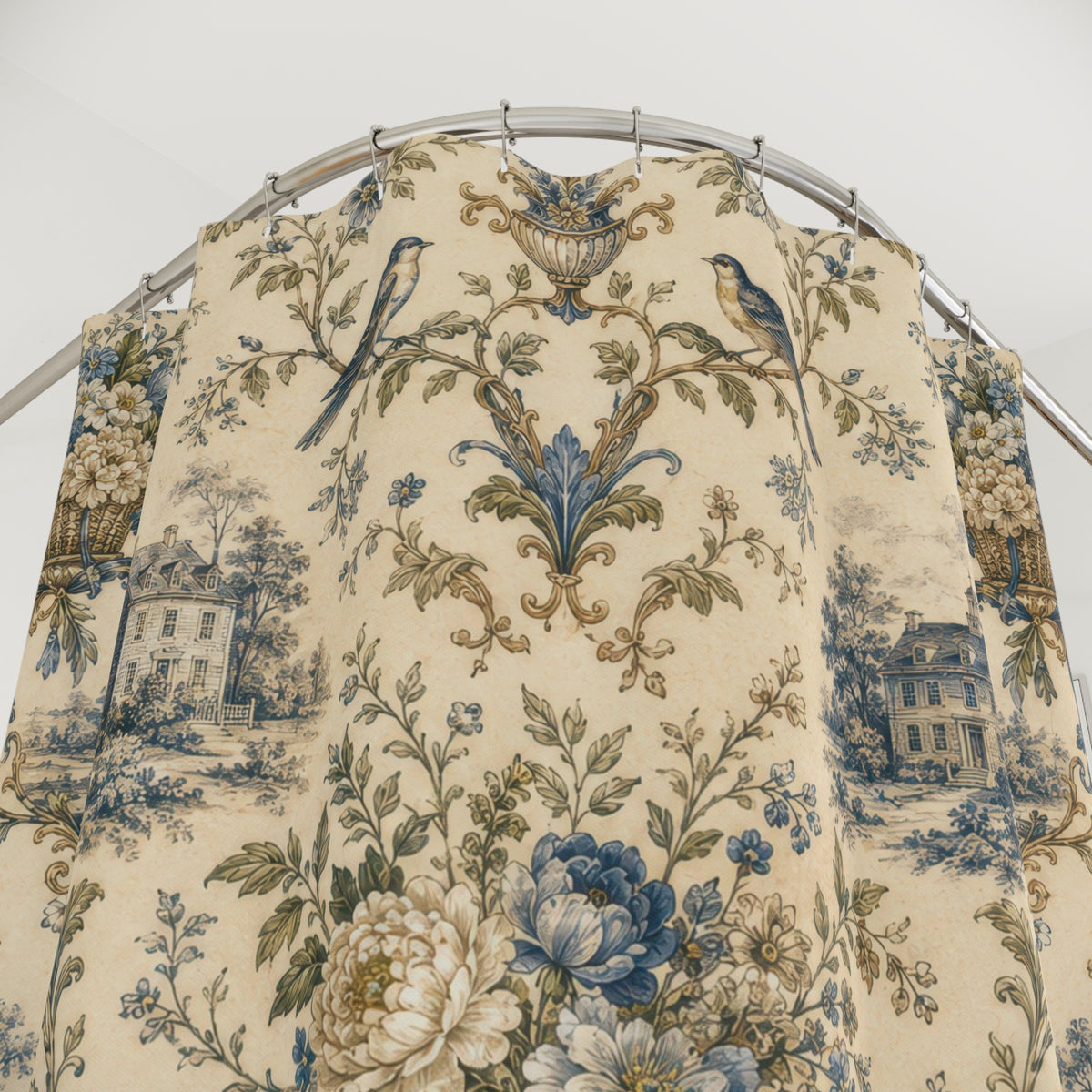 Colonial Toile Shower Curtain: Blue French Country