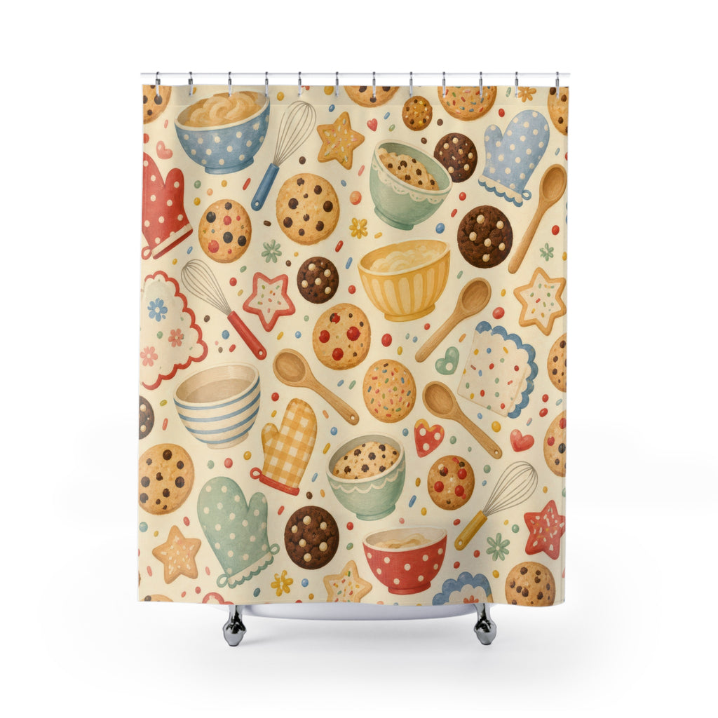 Kids Cookie Shower Curtain, Baking Bowl Whisk Pattern, Cute Kitchen Bathroom Decor, Sweet Baking Wall Decor Playroom Guest Bath Gift