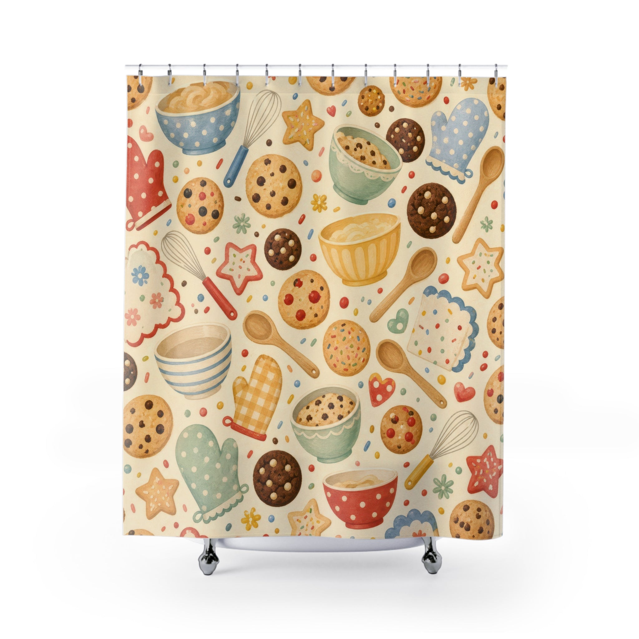 Kids Cookie Shower Curtain, Baking Bowl Whisk Pattern, Cute Kitchen Bathroom Decor, Sweet Baking Wall Decor Playroom Guest Bath Gift