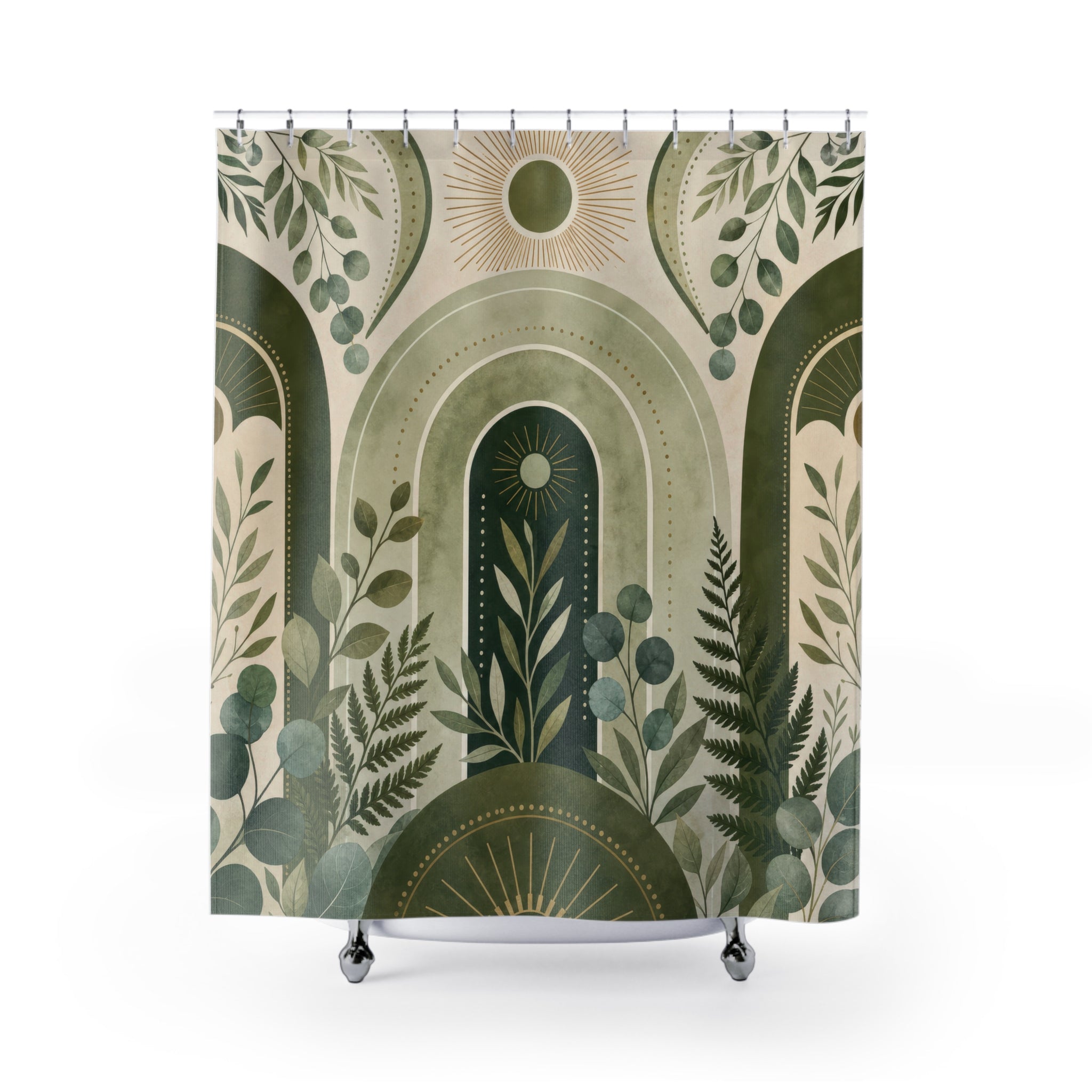 Green Boho Shower Curtain: Sage Botanical Arch Pattern