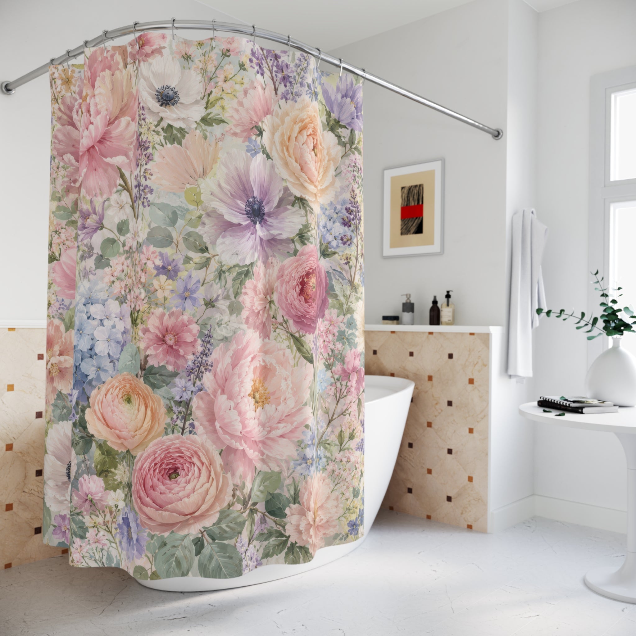 Pastel Floral Shower Curtain: Pink Blue Garden