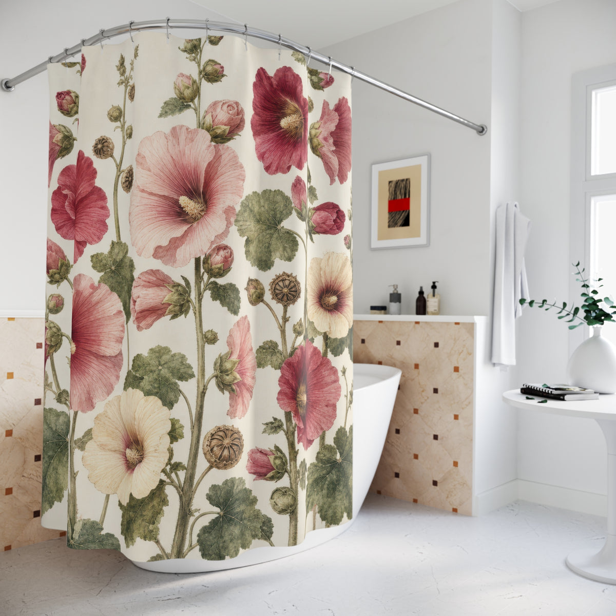 Romantic Pink Rose Cottagecore Botanical Floral shower curtain beside a freestanding tub